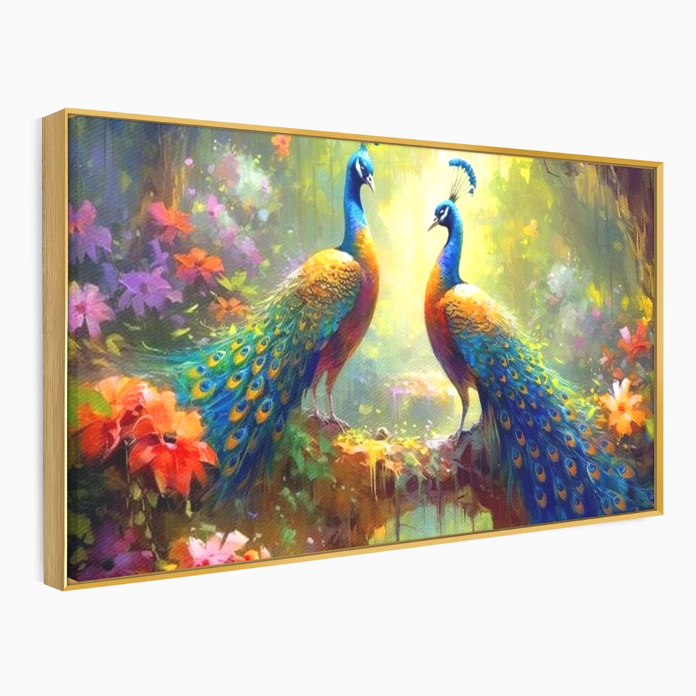 Tablou Canvas Premium, LuxCanva® M1028, Incoronati de Natura, Pauni, Cuplu, Pasari, Natura, Pereche, Flori, Romantic, Basm, Eleganta, Birou, Living, Camera Copii