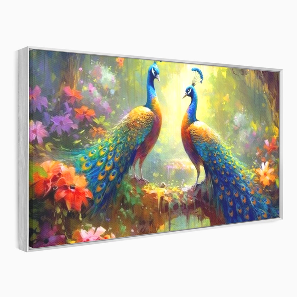 Tablou Canvas Premium, LuxCanva® M1028, Incoronati de Natura, Pauni, Cuplu, Pasari, Natura, Pereche, Flori, Romantic, Basm, Eleganta, Birou, Living, Camera Copii