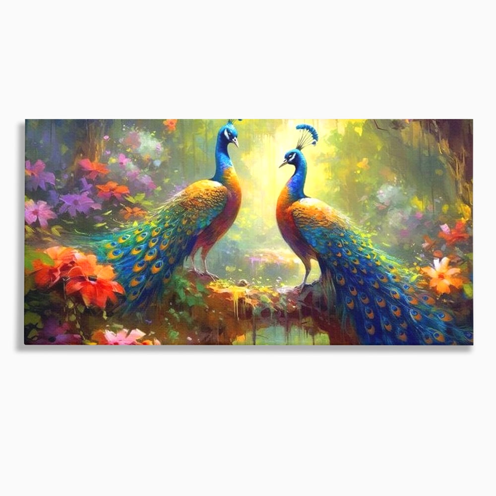 Tablou Canvas Premium, LuxCanva® M1028, Incoronati de Natura, Pauni, Cuplu, Pasari, Natura, Pereche, Flori, Romantic, Basm, Eleganta, Birou, Living, Camera Copii
