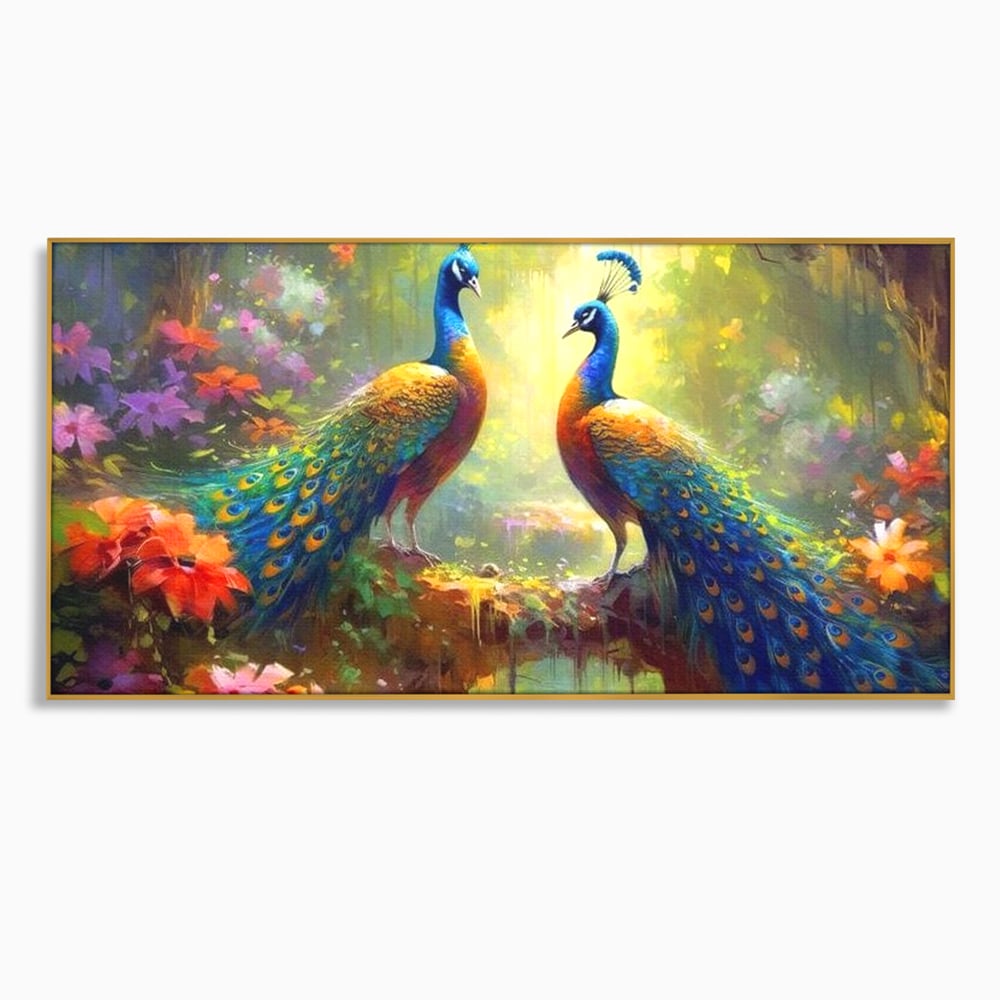 Tablou Canvas Premium, LuxCanva® M1028, Incoronati de Natura, Pauni, Cuplu, Pasari, Natura, Pereche, Flori, Romantic, Basm, Eleganta, Birou, Living, Camera Copii