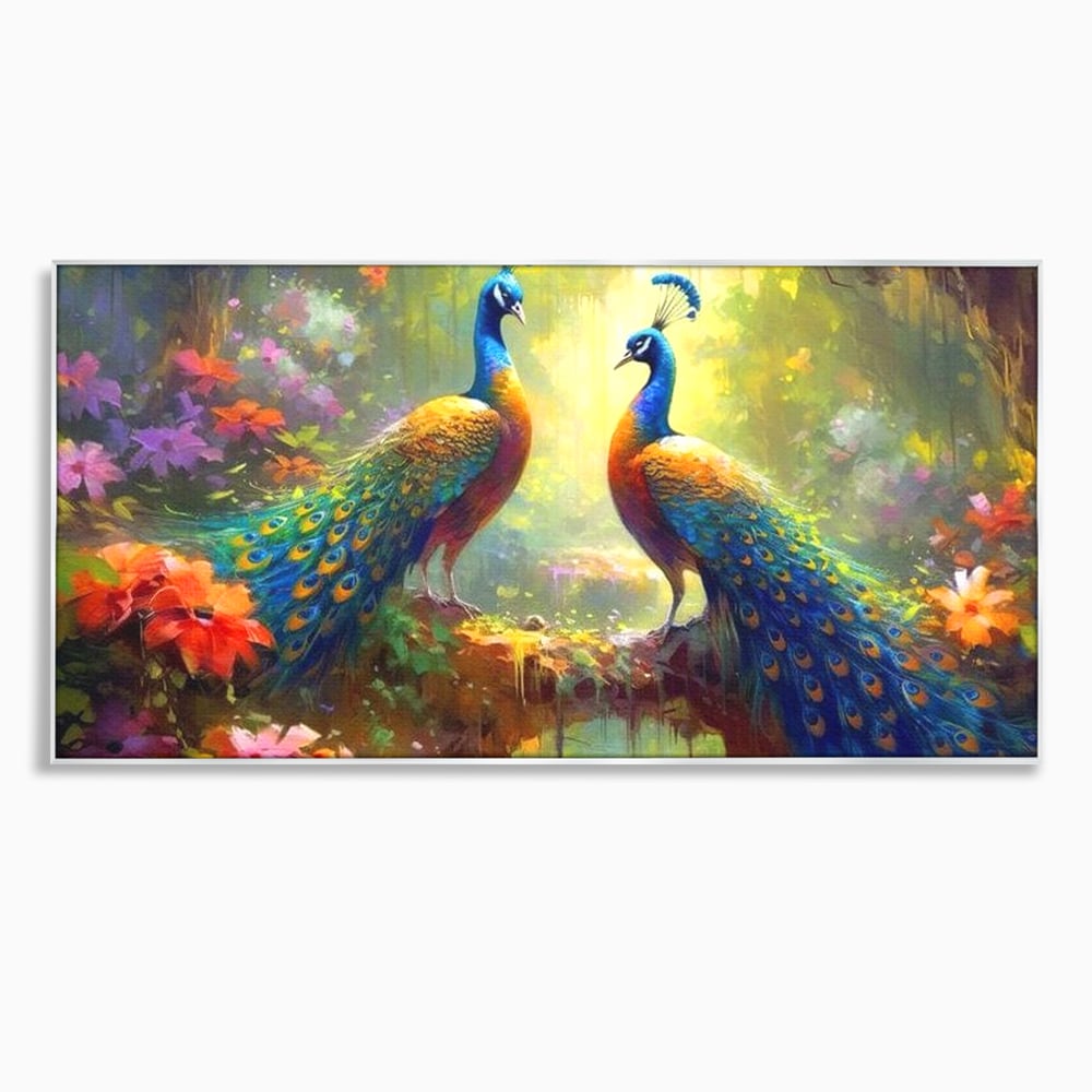 Tablou Canvas Premium, LuxCanva® M1028, Incoronati de Natura, Pauni, Cuplu, Pasari, Natura, Pereche, Flori, Romantic, Basm, Eleganta, Birou, Living, Camera Copii