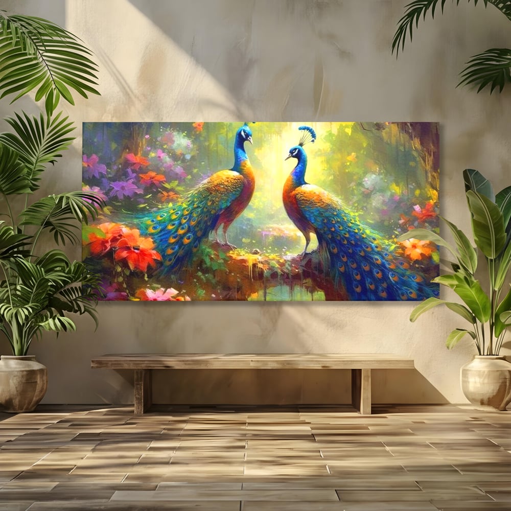 Tablou Canvas Premium, LuxCanva® M1028, Incoronati de Natura, Pauni, Cuplu, Pasari, Natura, Pereche, Flori, Romantic, Basm, Eleganta, Birou, Living, Camera Copii