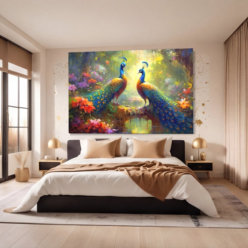Tablou Canvas Premium, LuxCanva® M1028, Incoronati de Natura, Pauni, Cuplu, Pasari, Natura, Pereche, Flori, Romantic, Basm, Eleganta, Birou, Living, Camera Copii