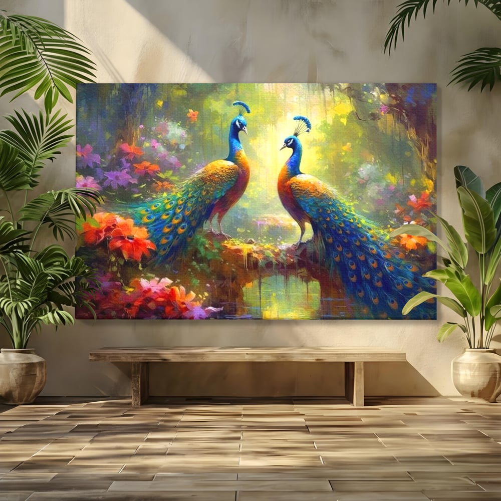 Tablou Canvas Premium, LuxCanva® M1028, Incoronati de Natura, Pauni, Cuplu, Pasari, Natura, Pereche, Flori, Romantic, Basm, Eleganta, Birou, Living, Camera Copii