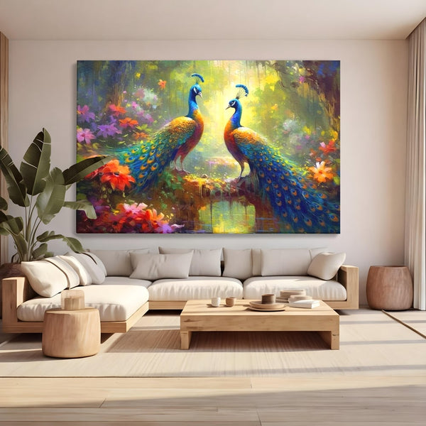 Tablou Canvas Premium, LuxCanva® M1028, Incoronati de Natura, Pauni, Cuplu, Pasari, Natura, Pereche, Flori, Romantic, Basm, Eleganta, Birou, Living, Camera Copii