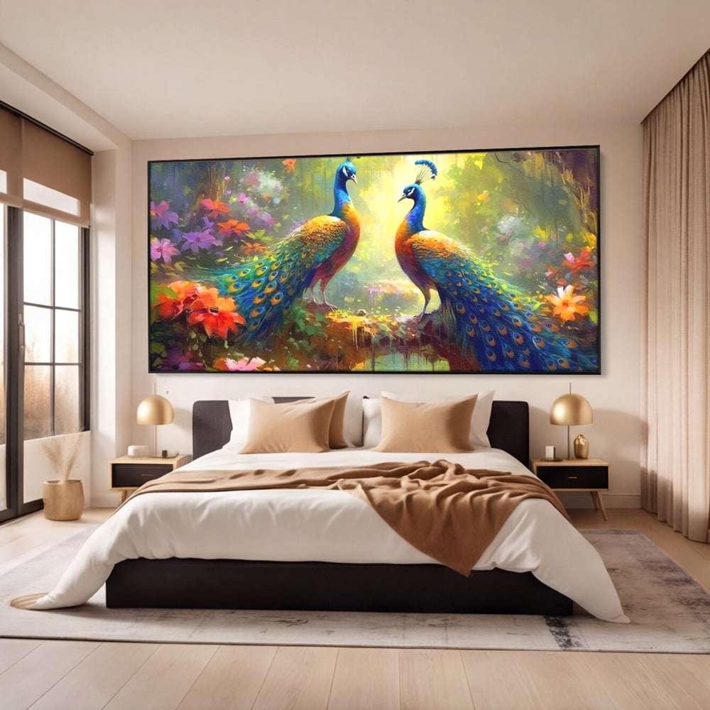 Tablou Canvas Premium, LuxCanva® M1028, Incoronati de Natura, Pauni, Cuplu, Pasari, Natura, Pereche, Flori, Romantic, Basm, Eleganta, Birou, Living, Camera Copii