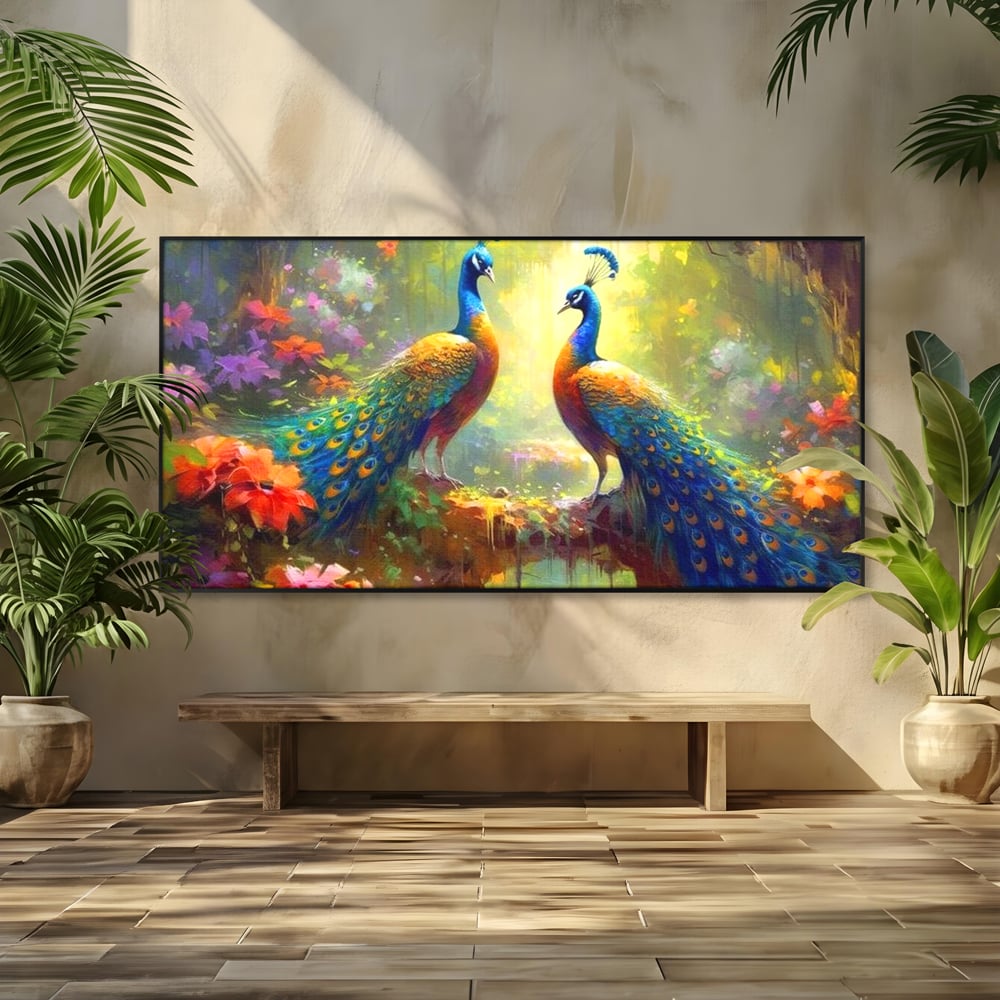 Tablou Canvas Premium, LuxCanva® M1028, Incoronati de Natura, Pauni, Cuplu, Pasari, Natura, Pereche, Flori, Romantic, Basm, Eleganta, Birou, Living, Camera Copii