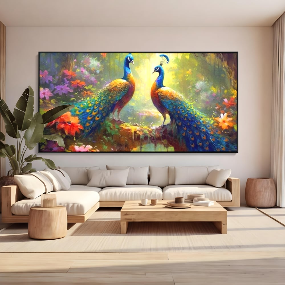 Tablou Canvas Premium, LuxCanva® M1028, Incoronati de Natura, Pauni, Cuplu, Pasari, Natura, Pereche, Flori, Romantic, Basm, Eleganta, Birou, Living, Camera Copii