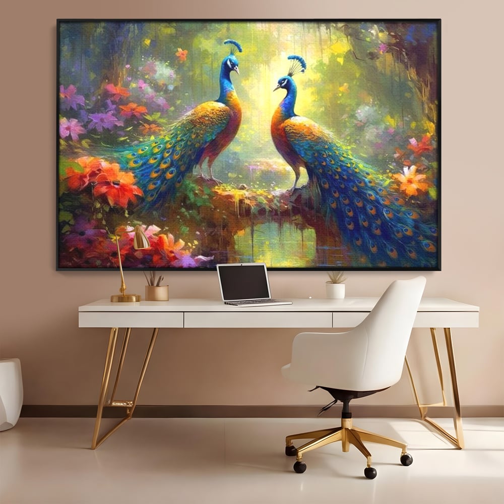 Tablou Canvas Premium, LuxCanva® M1028, Incoronati de Natura, Pauni, Cuplu, Pasari, Natura, Pereche, Flori, Romantic, Basm, Eleganta, Birou, Living, Camera Copii