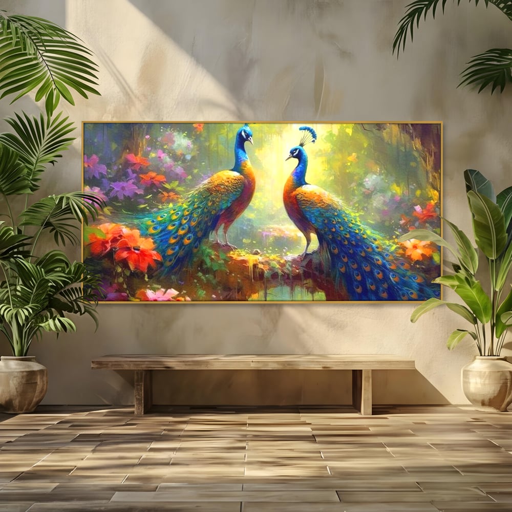 Tablou Canvas Premium, LuxCanva® M1028, Incoronati de Natura, Pauni, Cuplu, Pasari, Natura, Pereche, Flori, Romantic, Basm, Eleganta, Birou, Living, Camera Copii