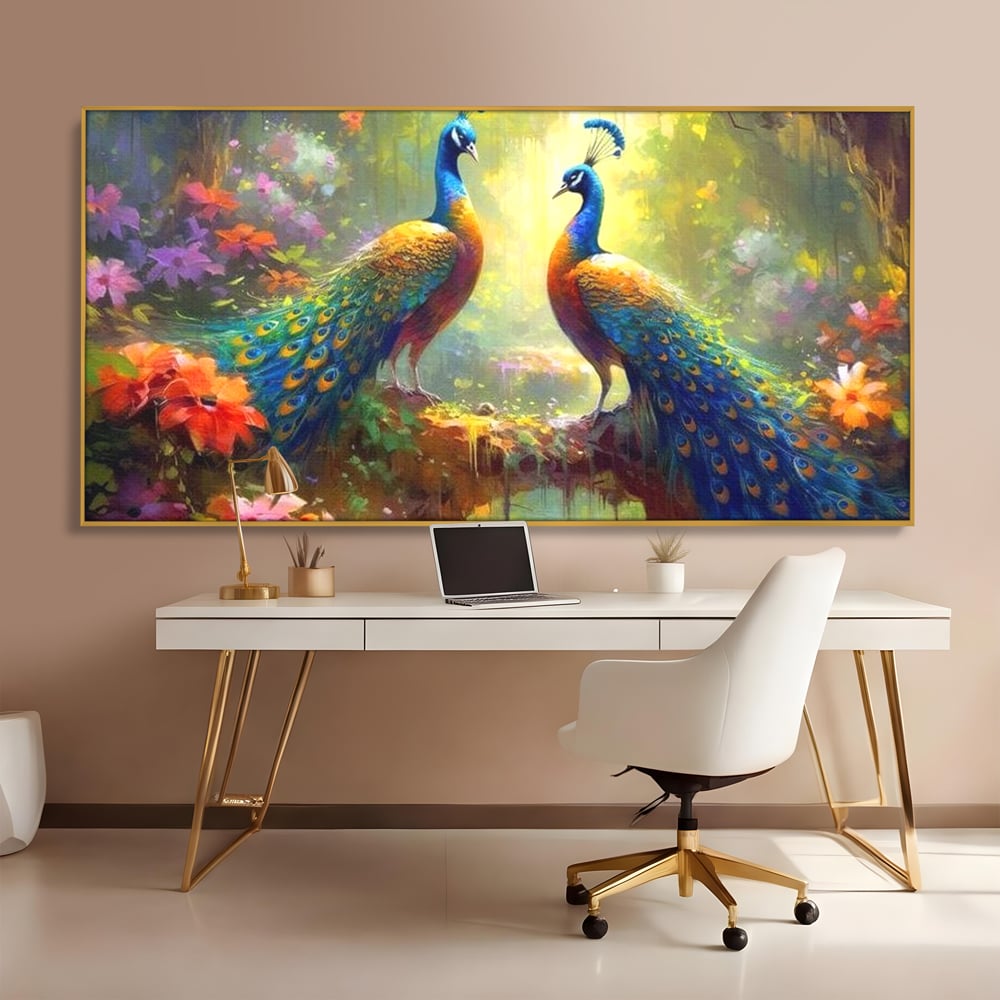 Tablou Canvas Premium, LuxCanva® M1028, Incoronati de Natura, Pauni, Cuplu, Pasari, Natura, Pereche, Flori, Romantic, Basm, Eleganta, Birou, Living, Camera Copii