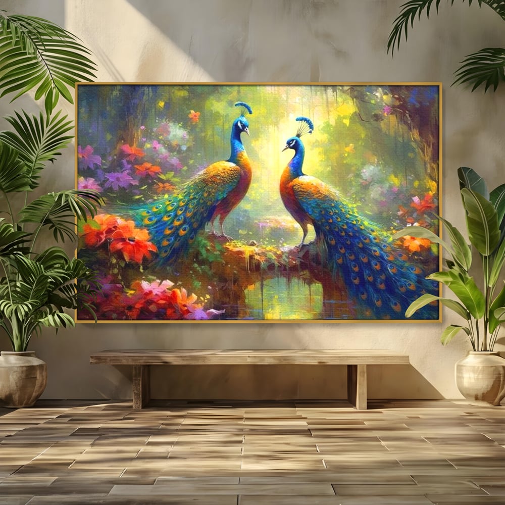 Tablou Canvas Premium, LuxCanva® M1028, Incoronati de Natura, Pauni, Cuplu, Pasari, Natura, Pereche, Flori, Romantic, Basm, Eleganta, Birou, Living, Camera Copii