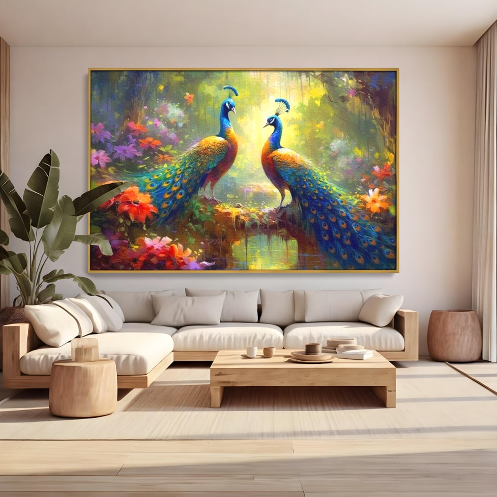 Tablou Canvas Premium, LuxCanva® M1028, Incoronati de Natura, Pauni, Cuplu, Pasari, Natura, Pereche, Flori, Romantic, Basm, Eleganta, Birou, Living, Camera Copii