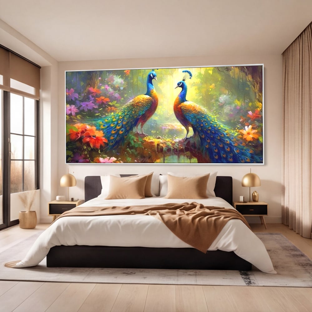 Tablou Canvas Premium, LuxCanva® M1028, Incoronati de Natura, Pauni, Cuplu, Pasari, Natura, Pereche, Flori, Romantic, Basm, Eleganta, Birou, Living, Camera Copii