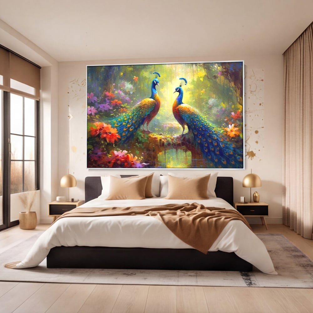 Tablou Canvas Premium, LuxCanva® M1028, Incoronati de Natura, Pauni, Cuplu, Pasari, Natura, Pereche, Flori, Romantic, Basm, Eleganta, Birou, Living, Camera Copii