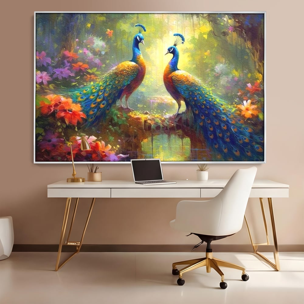 Tablou Canvas Premium, LuxCanva® M1028, Incoronati de Natura, Pauni, Cuplu, Pasari, Natura, Pereche, Flori, Romantic, Basm, Eleganta, Birou, Living, Camera Copii