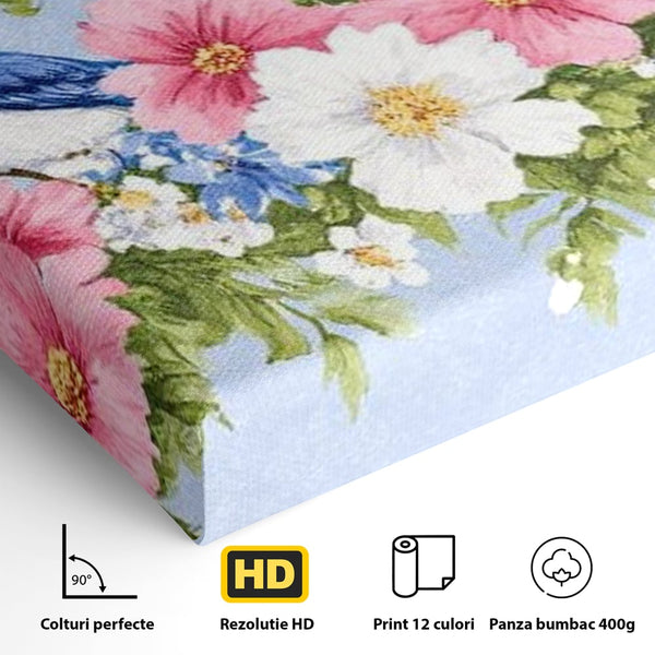 Tablou Canvas Premium, LuxCanva® M1029, Gradina cu Triluri Colorate, Lemn, Flori, Pastel, Pasari, Primavara, Pereche, Relaxare, Poezie, Birou, Living, Camera Copii
