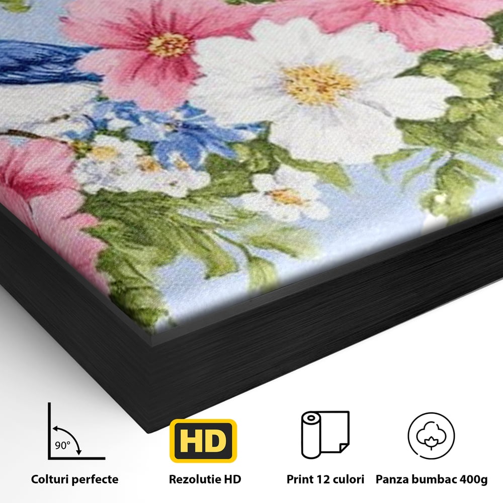 Tablou Canvas Premium, LuxCanva® M1029, Gradina cu Triluri Colorate, Lemn, Flori, Pastel, Pasari, Primavara, Pereche, Relaxare, Poezie, Birou, Living, Camera Copii