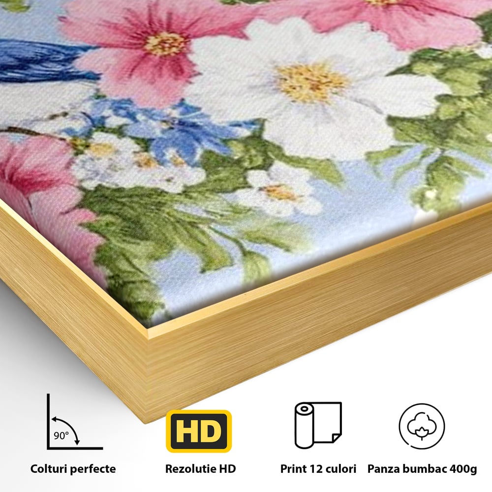 Tablou Canvas Premium, LuxCanva® M1029, Gradina cu Triluri Colorate, Lemn, Flori, Pastel, Pasari, Primavara, Pereche, Relaxare, Poezie, Birou, Living, Camera Copii