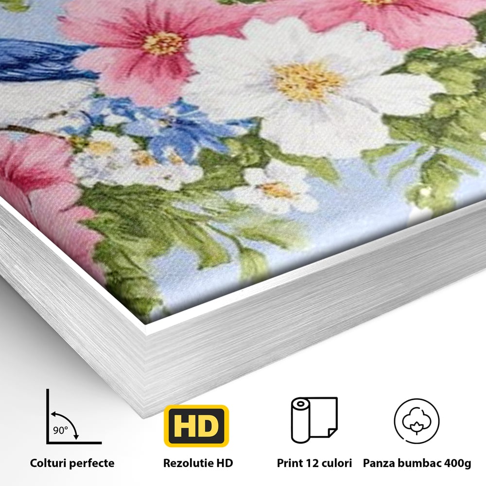 Tablou Canvas Premium, LuxCanva® M1029, Gradina cu Triluri Colorate, Lemn, Flori, Pastel, Pasari, Primavara, Pereche, Relaxare, Poezie, Birou, Living, Camera Copii