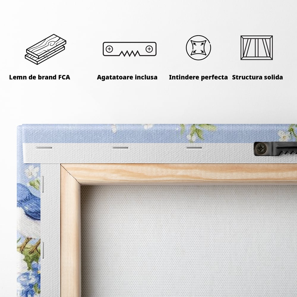 Tablou Canvas Premium, LuxCanva® M1029, Gradina cu Triluri Colorate, Lemn, Flori, Pastel, Pasari, Primavara, Pereche, Relaxare, Poezie, Birou, Living, Camera Copii