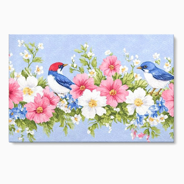 Tablou Canvas Premium, LuxCanva® M1029, Gradina cu Triluri Colorate, Lemn, Flori, Pastel, Pasari, Primavara, Pereche, Relaxare, Poezie, Birou, Living, Camera Copii