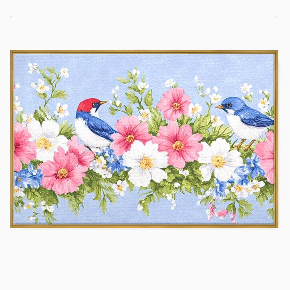 Tablou Canvas Premium, LuxCanva® M1029, Gradina cu Triluri Colorate, Lemn, Flori, Pastel, Pasari, Primavara, Pereche, Relaxare, Poezie, Birou, Living, Camera Copii