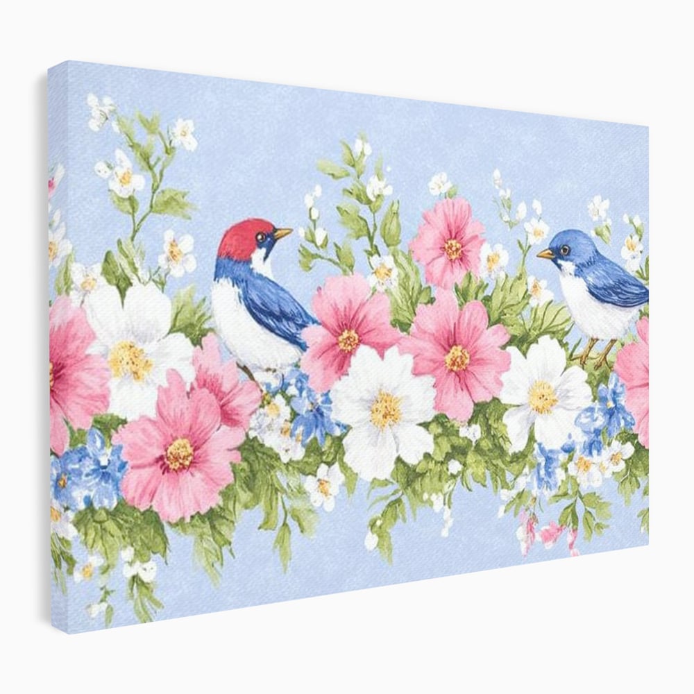 Tablou Canvas Premium, LuxCanva® M1029, Gradina cu Triluri Colorate, Lemn, Flori, Pastel, Pasari, Primavara, Pereche, Relaxare, Poezie, Birou, Living, Camera Copii