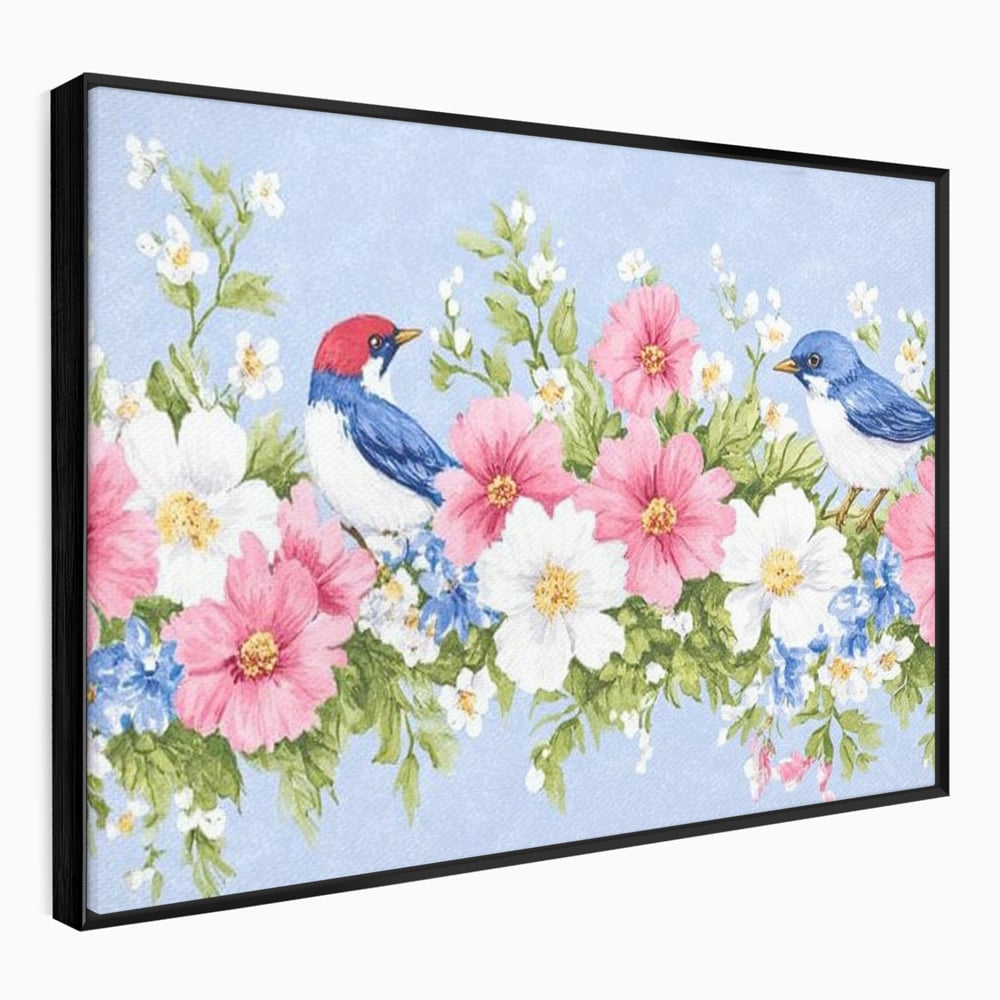 Tablou Canvas Premium, LuxCanva® M1029, Gradina cu Triluri Colorate, Lemn, Flori, Pastel, Pasari, Primavara, Pereche, Relaxare, Poezie, Birou, Living, Camera Copii