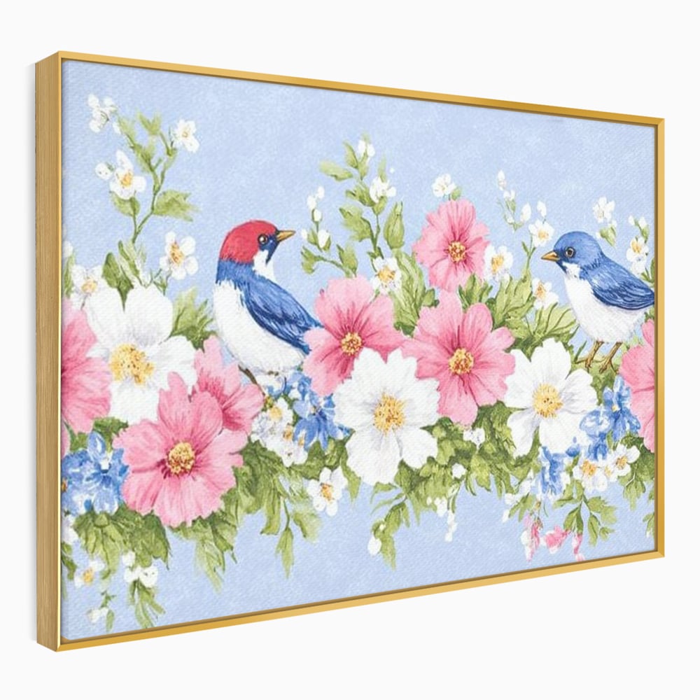 Tablou Canvas Premium, LuxCanva® M1029, Gradina cu Triluri Colorate, Lemn, Flori, Pastel, Pasari, Primavara, Pereche, Relaxare, Poezie, Birou, Living, Camera Copii