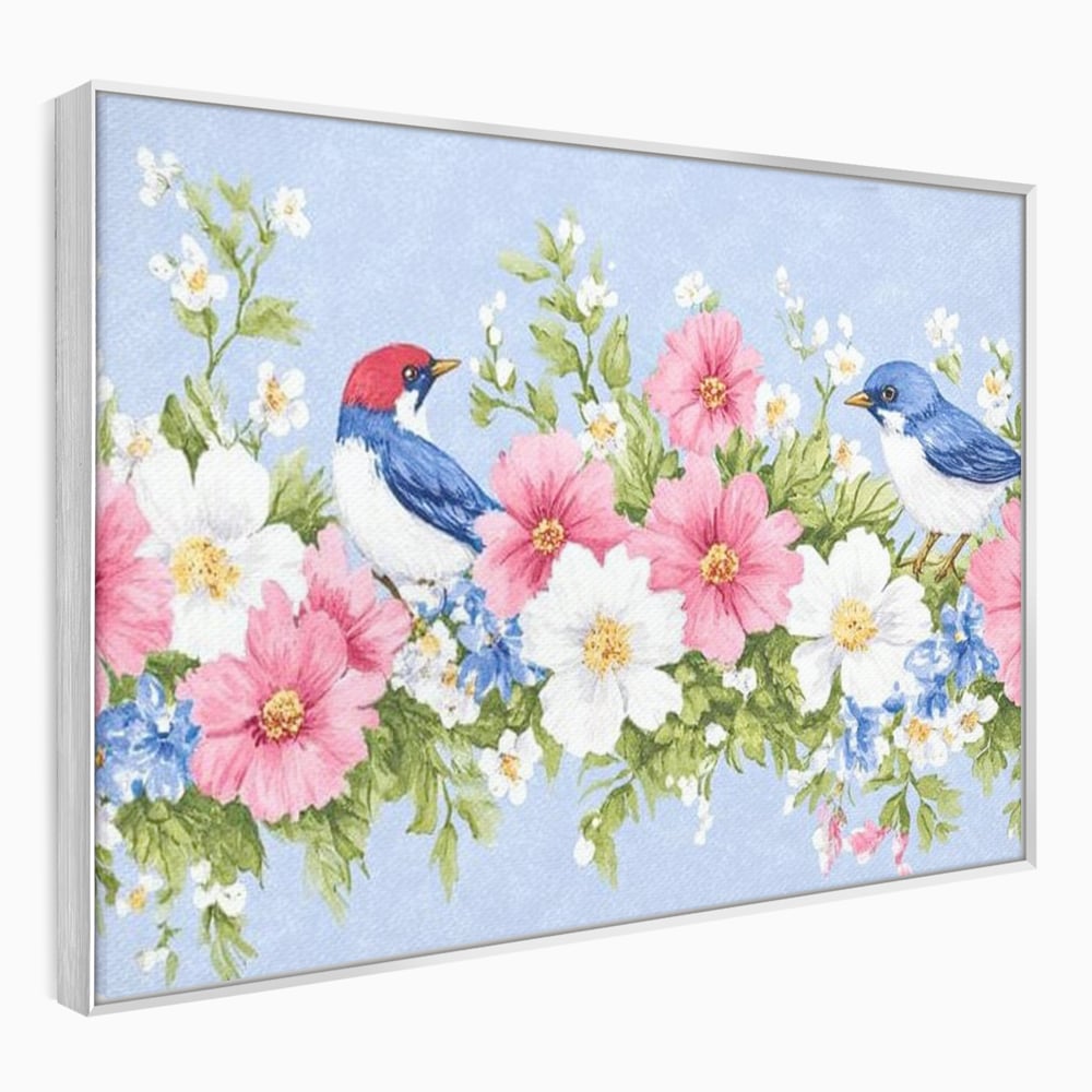 Tablou Canvas Premium, LuxCanva® M1029, Gradina cu Triluri Colorate, Lemn, Flori, Pastel, Pasari, Primavara, Pereche, Relaxare, Poezie, Birou, Living, Camera Copii