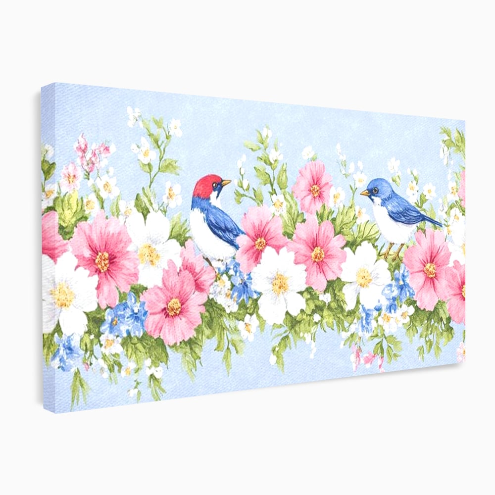 Tablou Canvas Premium, LuxCanva® M1029, Gradina cu Triluri Colorate, Lemn, Flori, Pastel, Pasari, Primavara, Pereche, Relaxare, Poezie, Birou, Living, Camera Copii
