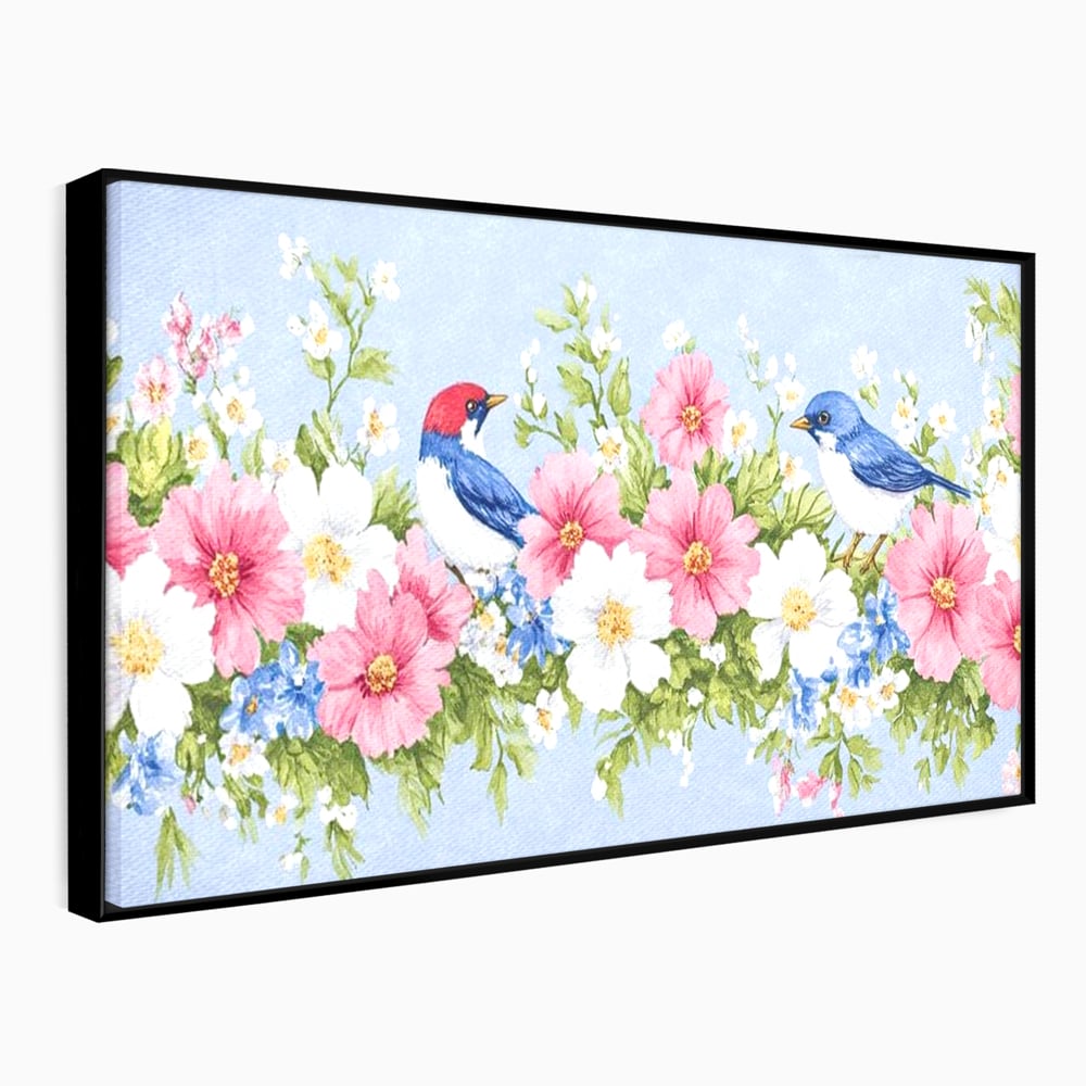 Tablou Canvas Premium, LuxCanva® M1029, Gradina cu Triluri Colorate, Lemn, Flori, Pastel, Pasari, Primavara, Pereche, Relaxare, Poezie, Birou, Living, Camera Copii
