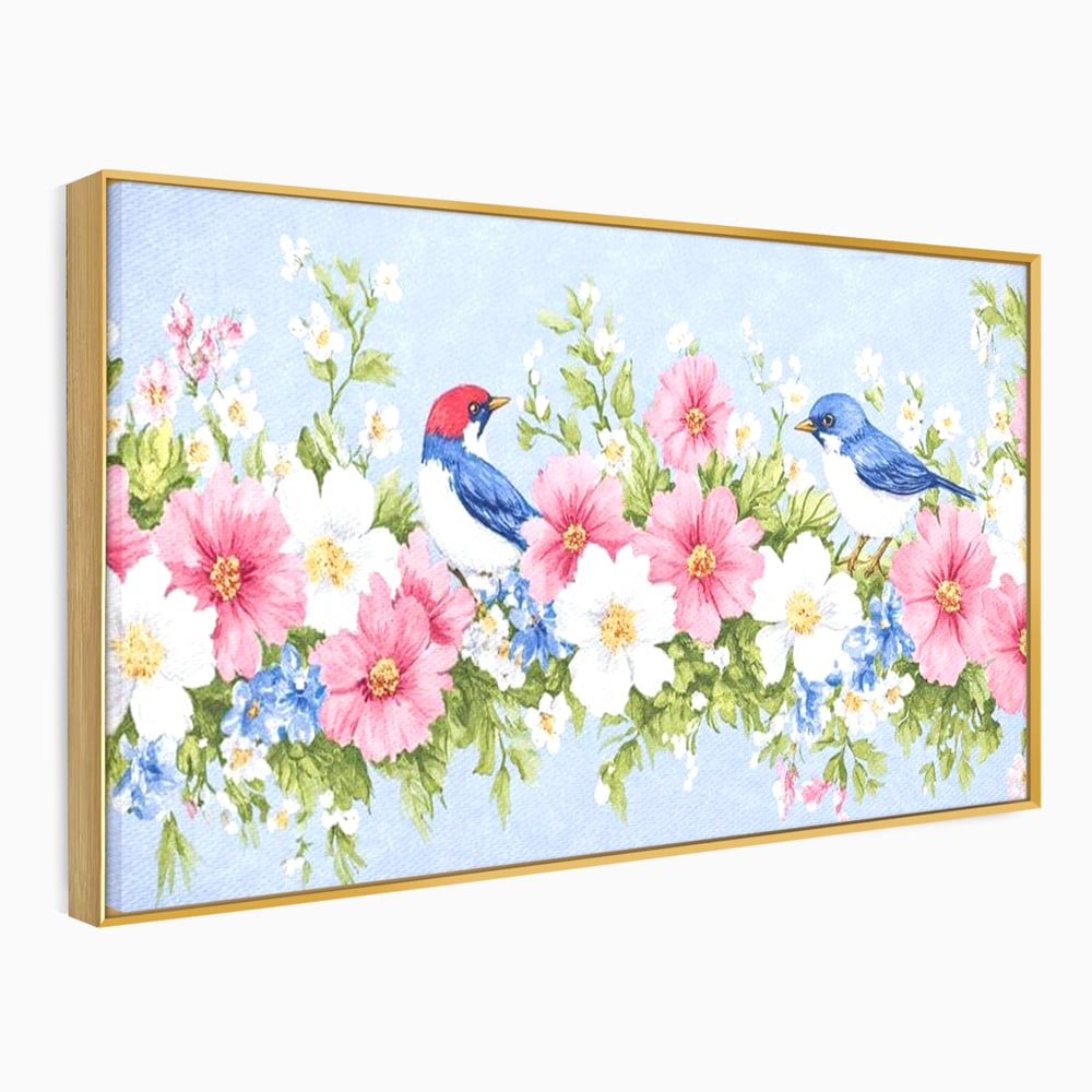 Tablou Canvas Premium, LuxCanva® M1029, Gradina cu Triluri Colorate, Lemn, Flori, Pastel, Pasari, Primavara, Pereche, Relaxare, Poezie, Birou, Living, Camera Copii