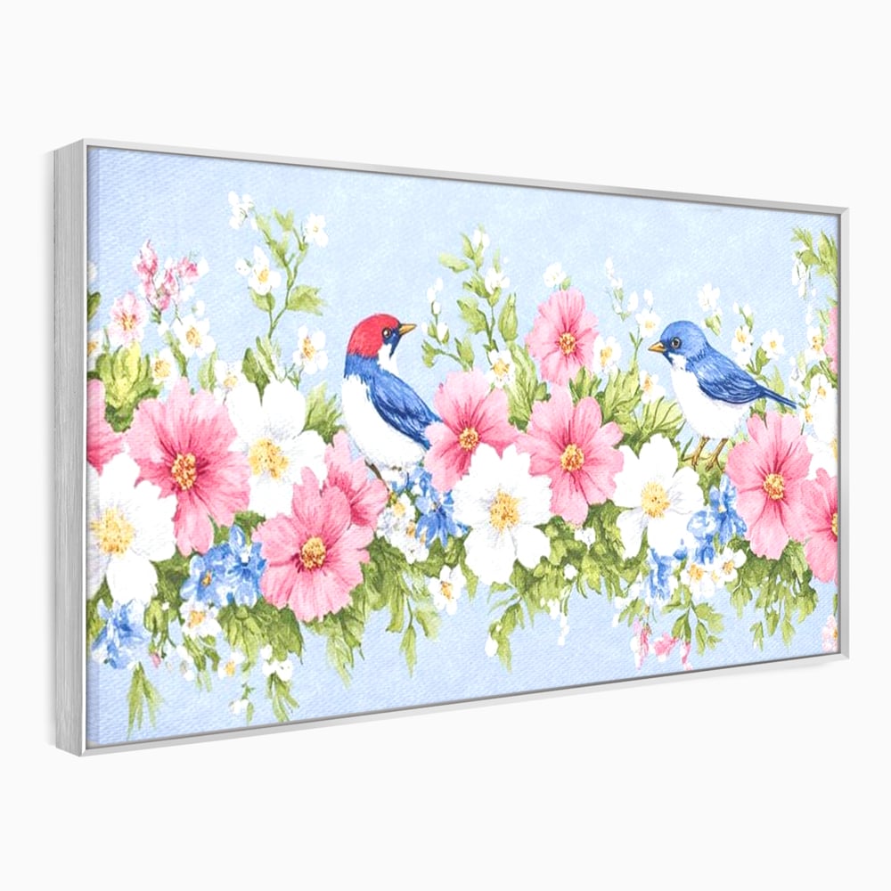 Tablou Canvas Premium, LuxCanva® M1029, Gradina cu Triluri Colorate, Lemn, Flori, Pastel, Pasari, Primavara, Pereche, Relaxare, Poezie, Birou, Living, Camera Copii