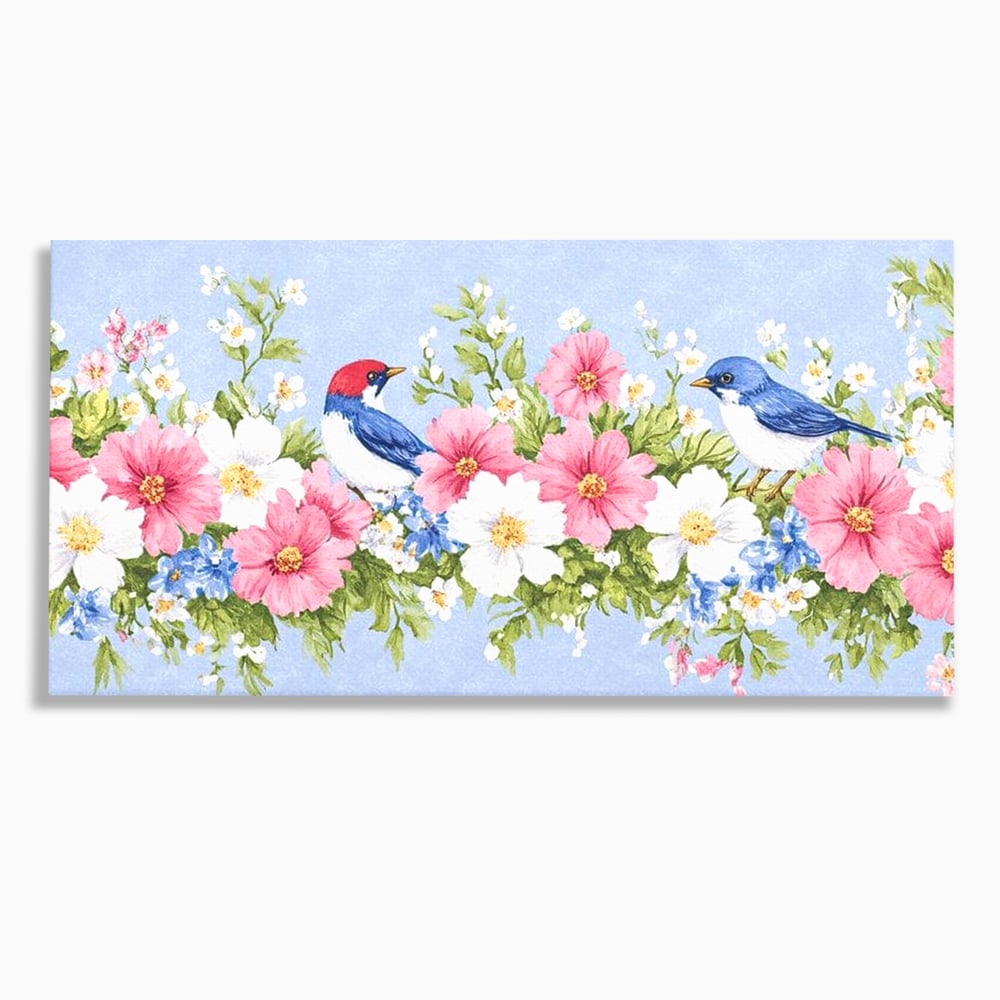 Tablou Canvas Premium, LuxCanva® M1029, Gradina cu Triluri Colorate, Lemn, Flori, Pastel, Pasari, Primavara, Pereche, Relaxare, Poezie, Birou, Living, Camera Copii