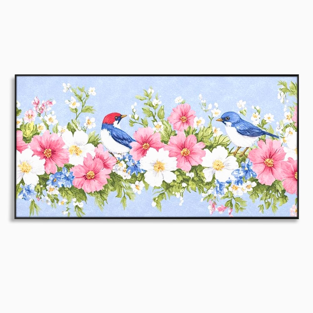 Tablou Canvas Premium, LuxCanva® M1029, Gradina cu Triluri Colorate, Lemn, Flori, Pastel, Pasari, Primavara, Pereche, Relaxare, Poezie, Birou, Living, Camera Copii