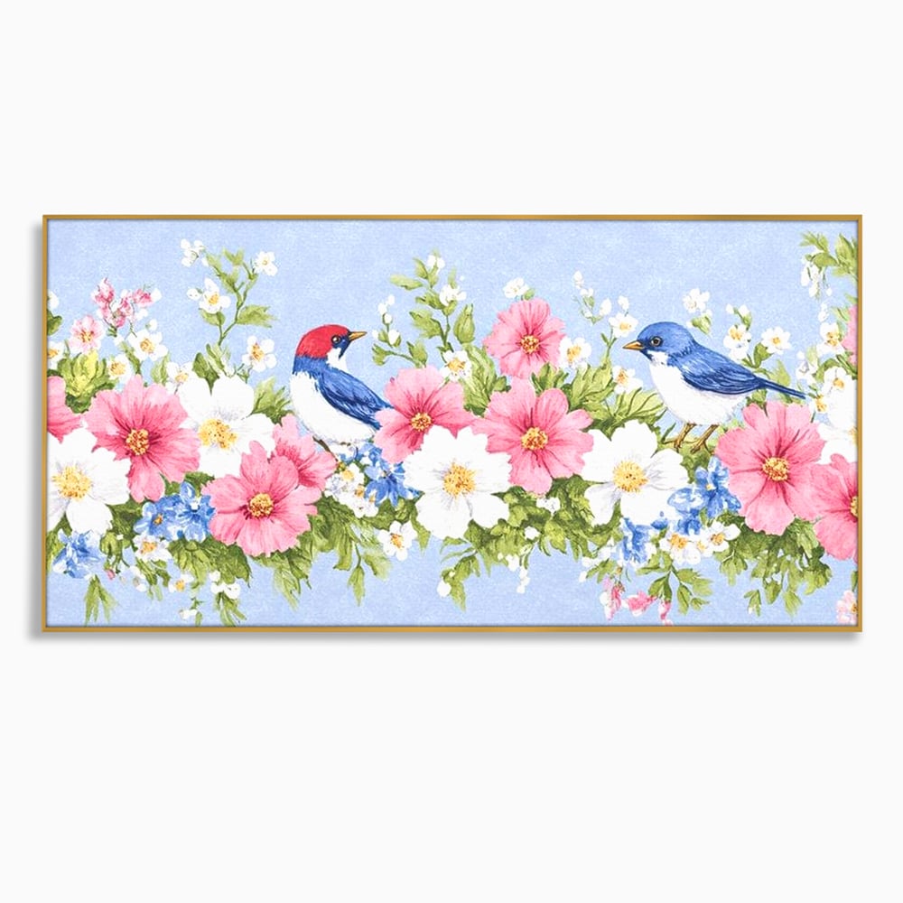 Tablou Canvas Premium, LuxCanva® M1029, Gradina cu Triluri Colorate, Lemn, Flori, Pastel, Pasari, Primavara, Pereche, Relaxare, Poezie, Birou, Living, Camera Copii