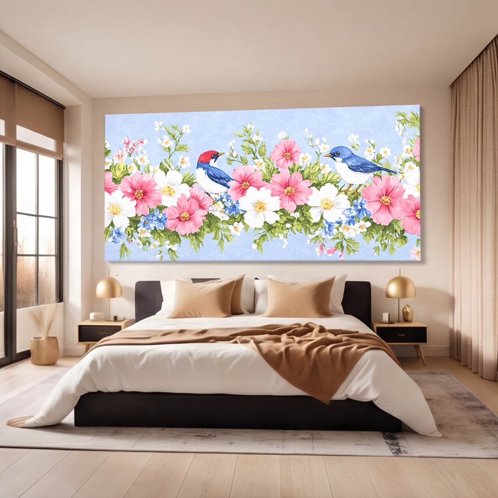 Tablou Canvas Premium, LuxCanva® M1029, Gradina cu Triluri Colorate, Lemn, Flori, Pastel, Pasari, Primavara, Pereche, Relaxare, Poezie, Birou, Living, Camera Copii