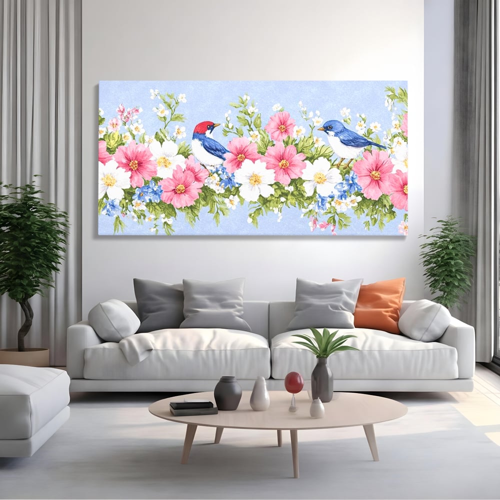 Tablou Canvas Premium, LuxCanva® M1029, Gradina cu Triluri Colorate, Lemn, Flori, Pastel, Pasari, Primavara, Pereche, Relaxare, Poezie, Birou, Living, Camera Copii