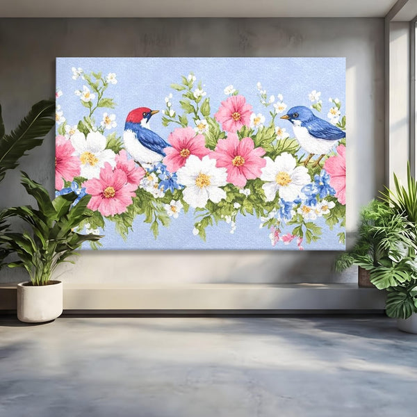 Tablou Canvas Premium, LuxCanva® M1029, Gradina cu Triluri Colorate, Lemn, Flori, Pastel, Pasari, Primavara, Pereche, Relaxare, Poezie, Birou, Living, Camera Copii