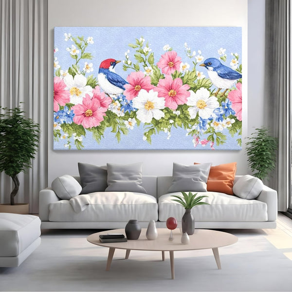 Tablou Canvas Premium, LuxCanva® M1029, Gradina cu Triluri Colorate, Lemn, Flori, Pastel, Pasari, Primavara, Pereche, Relaxare, Poezie, Birou, Living, Camera Copii