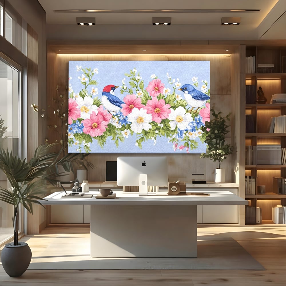 Tablou Canvas Premium, LuxCanva® M1029, Gradina cu Triluri Colorate, Lemn, Flori, Pastel, Pasari, Primavara, Pereche, Relaxare, Poezie, Birou, Living, Camera Copii