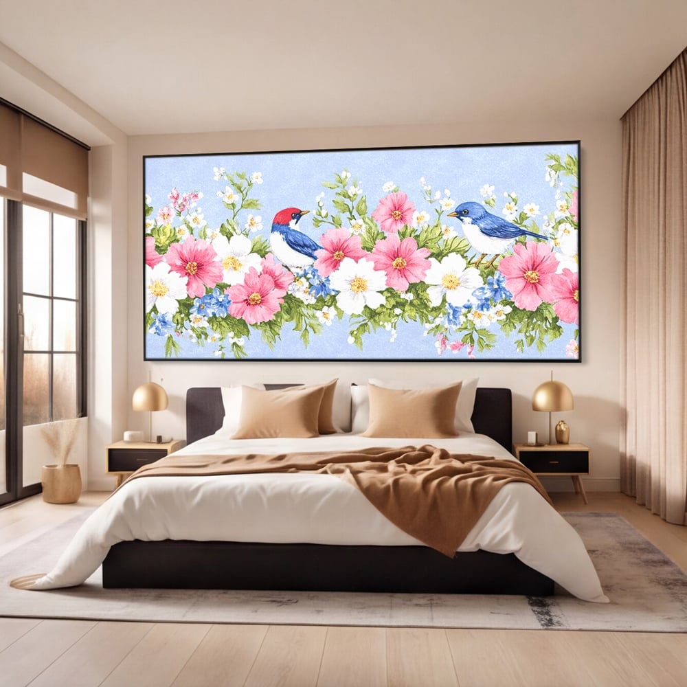 Tablou Canvas Premium, LuxCanva® M1029, Gradina cu Triluri Colorate, Lemn, Flori, Pastel, Pasari, Primavara, Pereche, Relaxare, Poezie, Birou, Living, Camera Copii