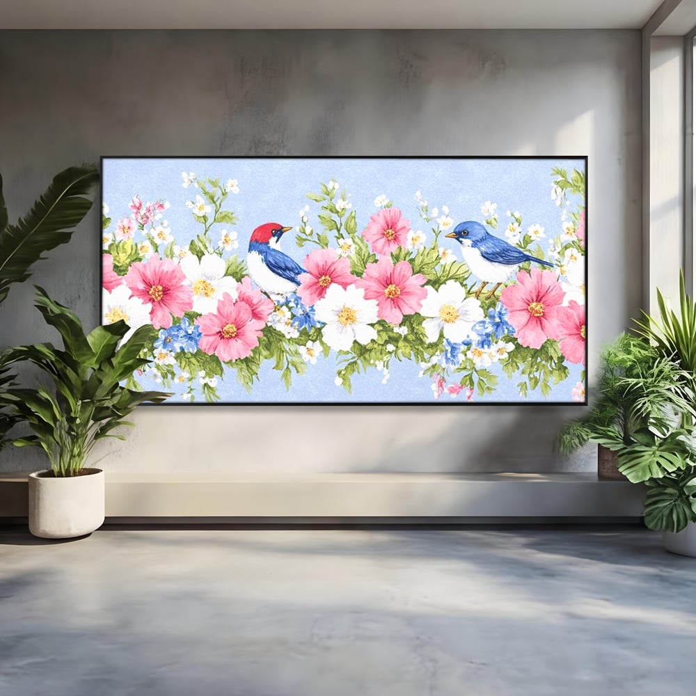 Tablou Canvas Premium, LuxCanva® M1029, Gradina cu Triluri Colorate, Lemn, Flori, Pastel, Pasari, Primavara, Pereche, Relaxare, Poezie, Birou, Living, Camera Copii