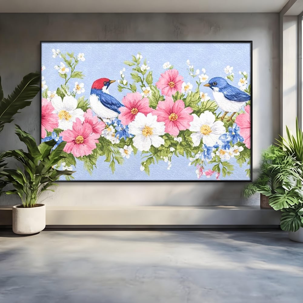 Tablou Canvas Premium, LuxCanva® M1029, Gradina cu Triluri Colorate, Lemn, Flori, Pastel, Pasari, Primavara, Pereche, Relaxare, Poezie, Birou, Living, Camera Copii