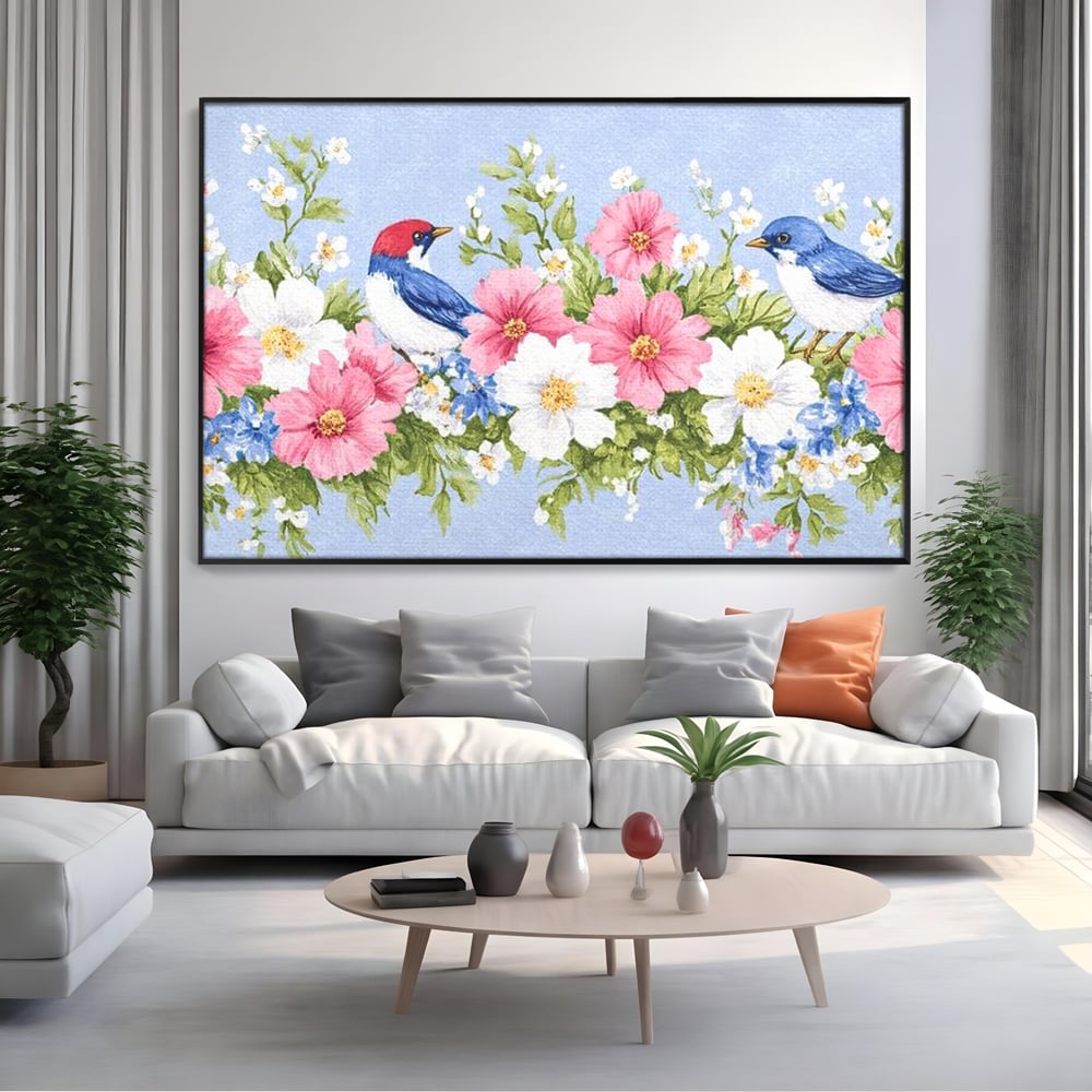 Tablou Canvas Premium, LuxCanva® M1029, Gradina cu Triluri Colorate, Lemn, Flori, Pastel, Pasari, Primavara, Pereche, Relaxare, Poezie, Birou, Living, Camera Copii