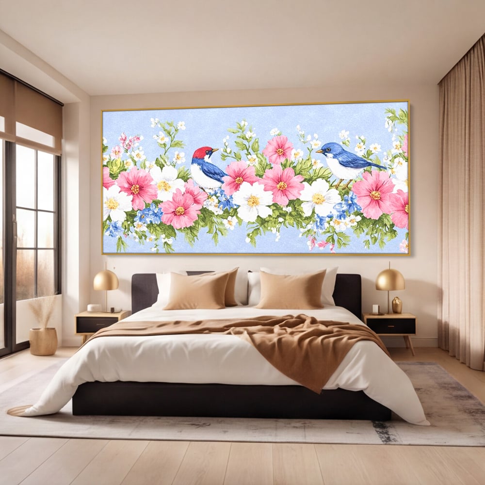 Tablou Canvas Premium, LuxCanva® M1029, Gradina cu Triluri Colorate, Lemn, Flori, Pastel, Pasari, Primavara, Pereche, Relaxare, Poezie, Birou, Living, Camera Copii