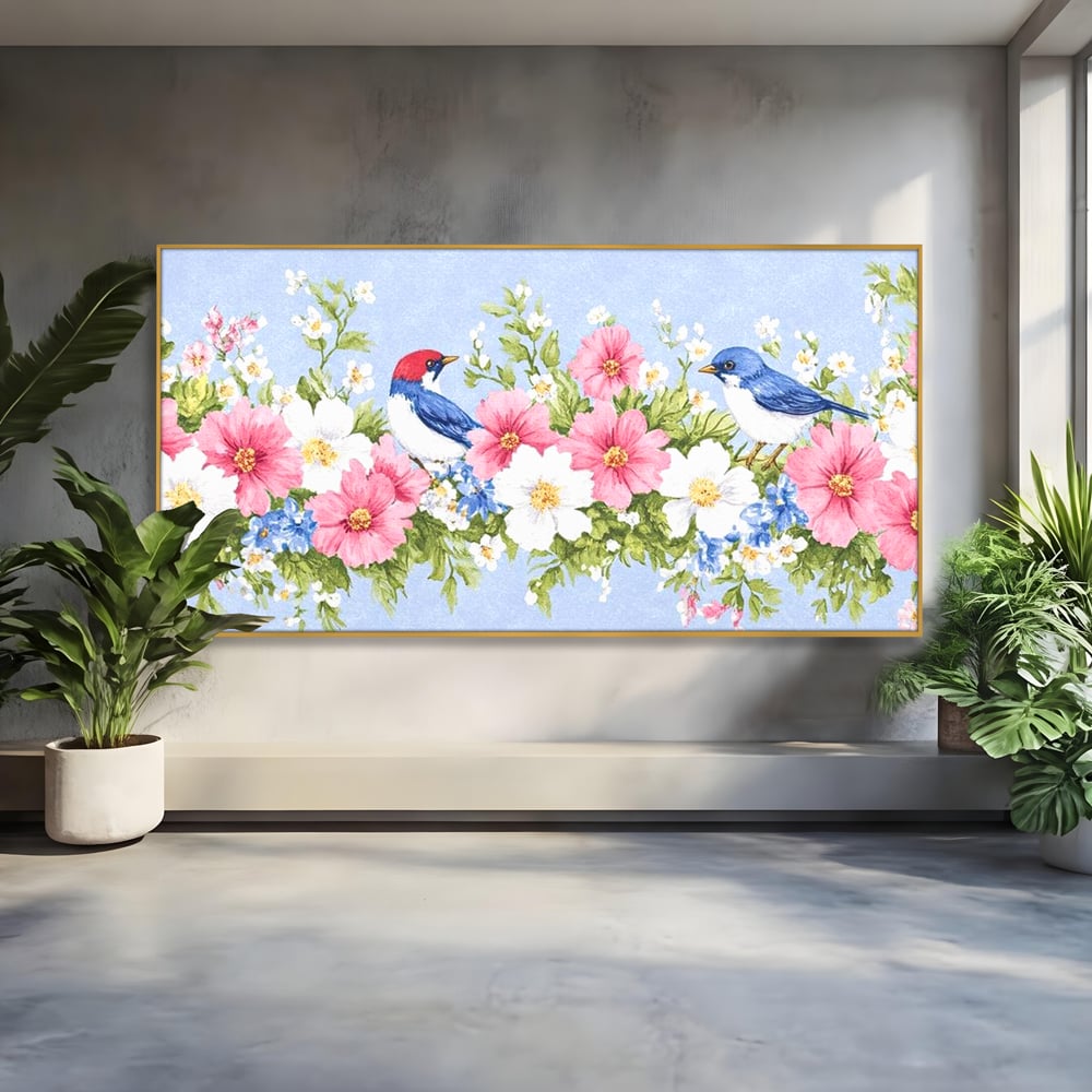 Tablou Canvas Premium, LuxCanva® M1029, Gradina cu Triluri Colorate, Lemn, Flori, Pastel, Pasari, Primavara, Pereche, Relaxare, Poezie, Birou, Living, Camera Copii