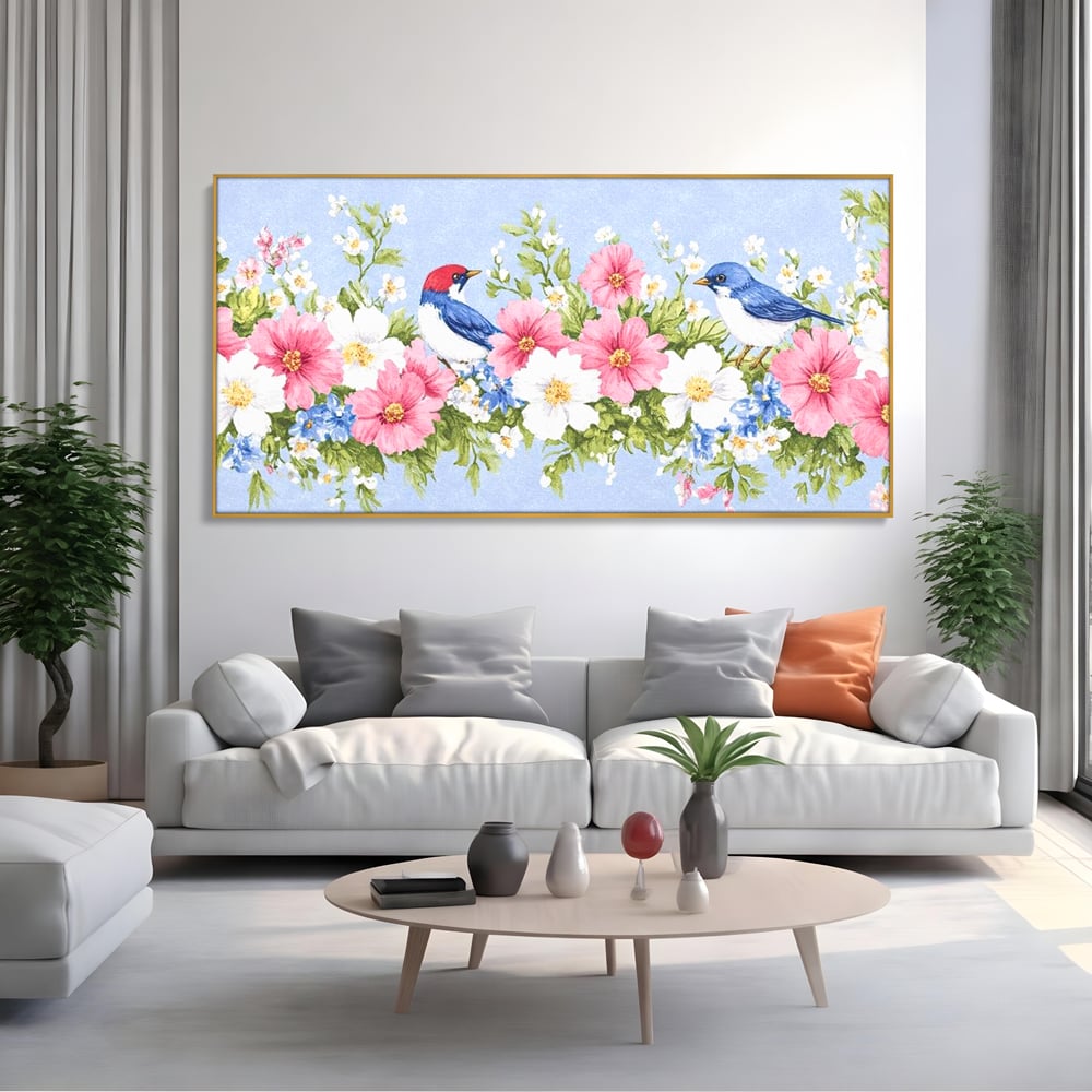 Tablou Canvas Premium, LuxCanva® M1029, Gradina cu Triluri Colorate, Lemn, Flori, Pastel, Pasari, Primavara, Pereche, Relaxare, Poezie, Birou, Living, Camera Copii
